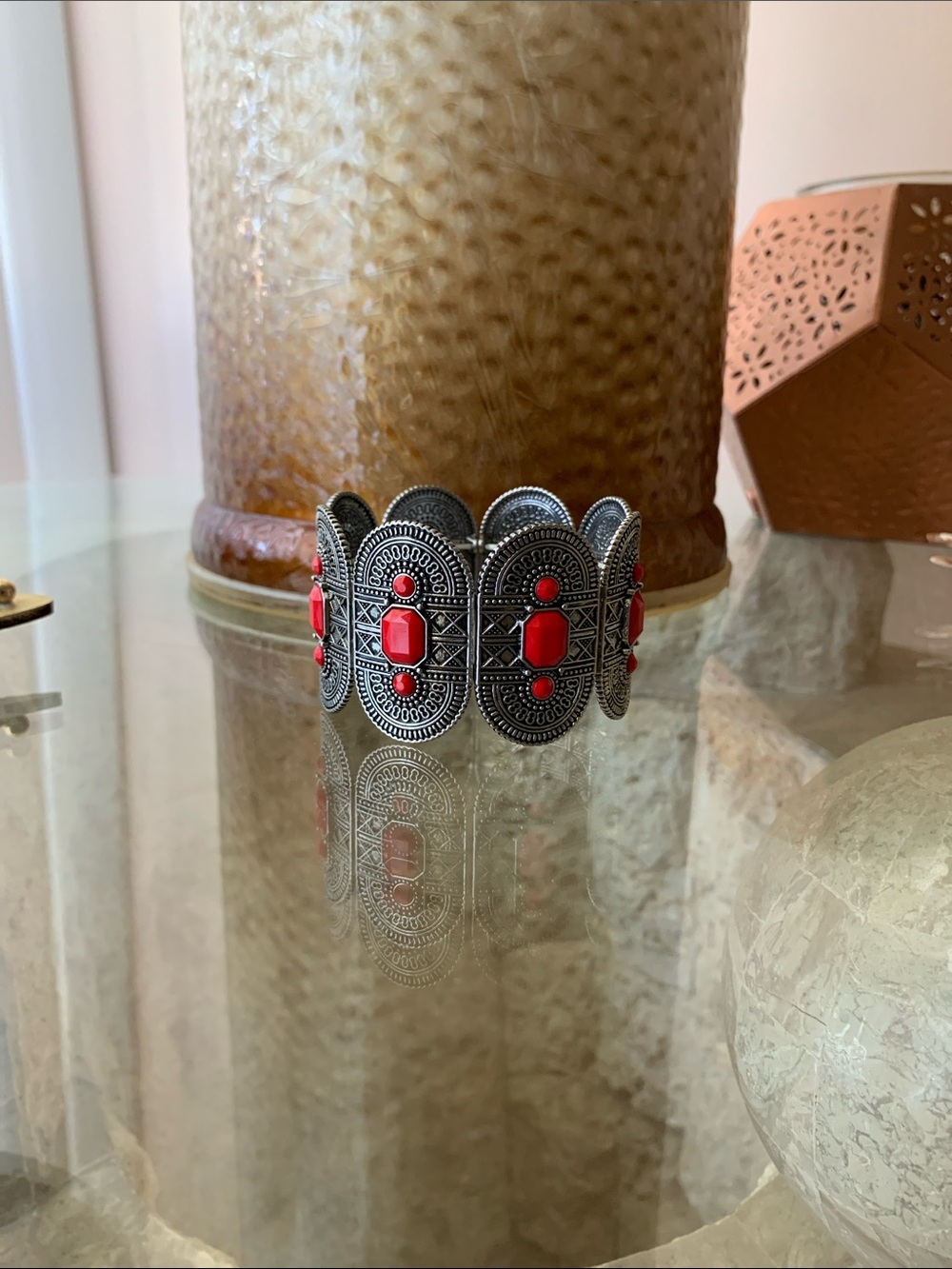 Vintage-Inspired Silver Bracelet with Red Accents